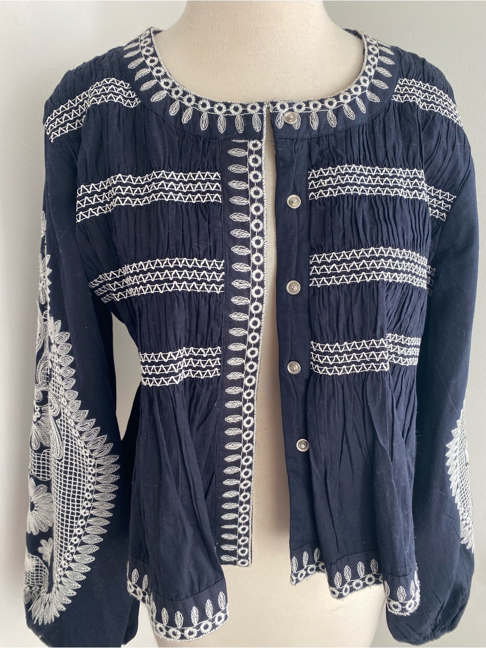 7 FOR ALL MANKIND Navy Embroidered Button-Front Women's Jacket - Size M - EUC